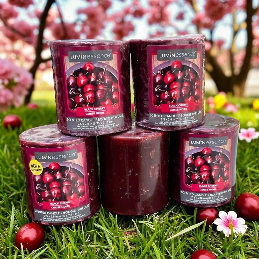Luminessence Black Cherry Scented Candle Lot 5 Pillar Red Hostess Home Gift 7oz